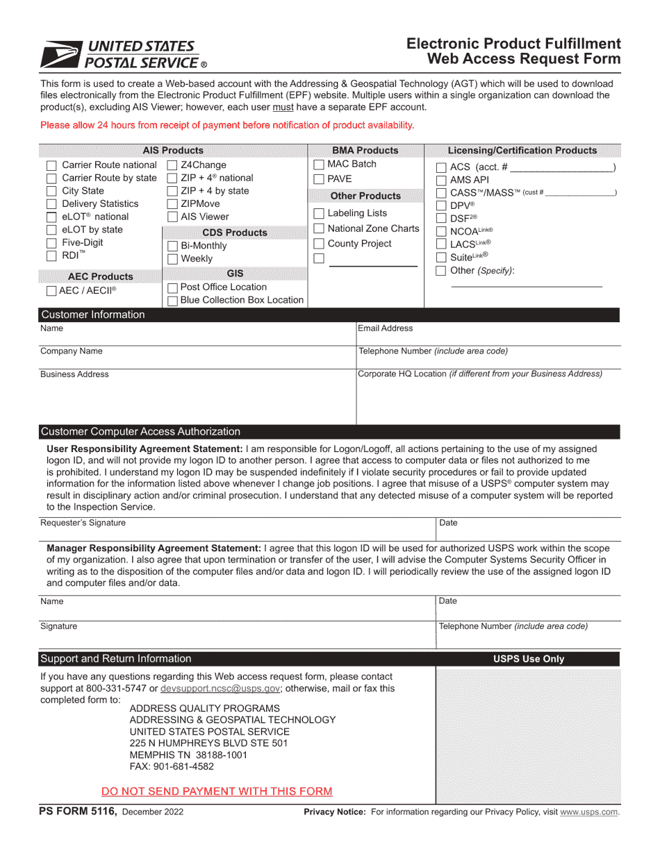PS Form 5116 Electronic Product Fulfillment Web Access Request Form, Page 1