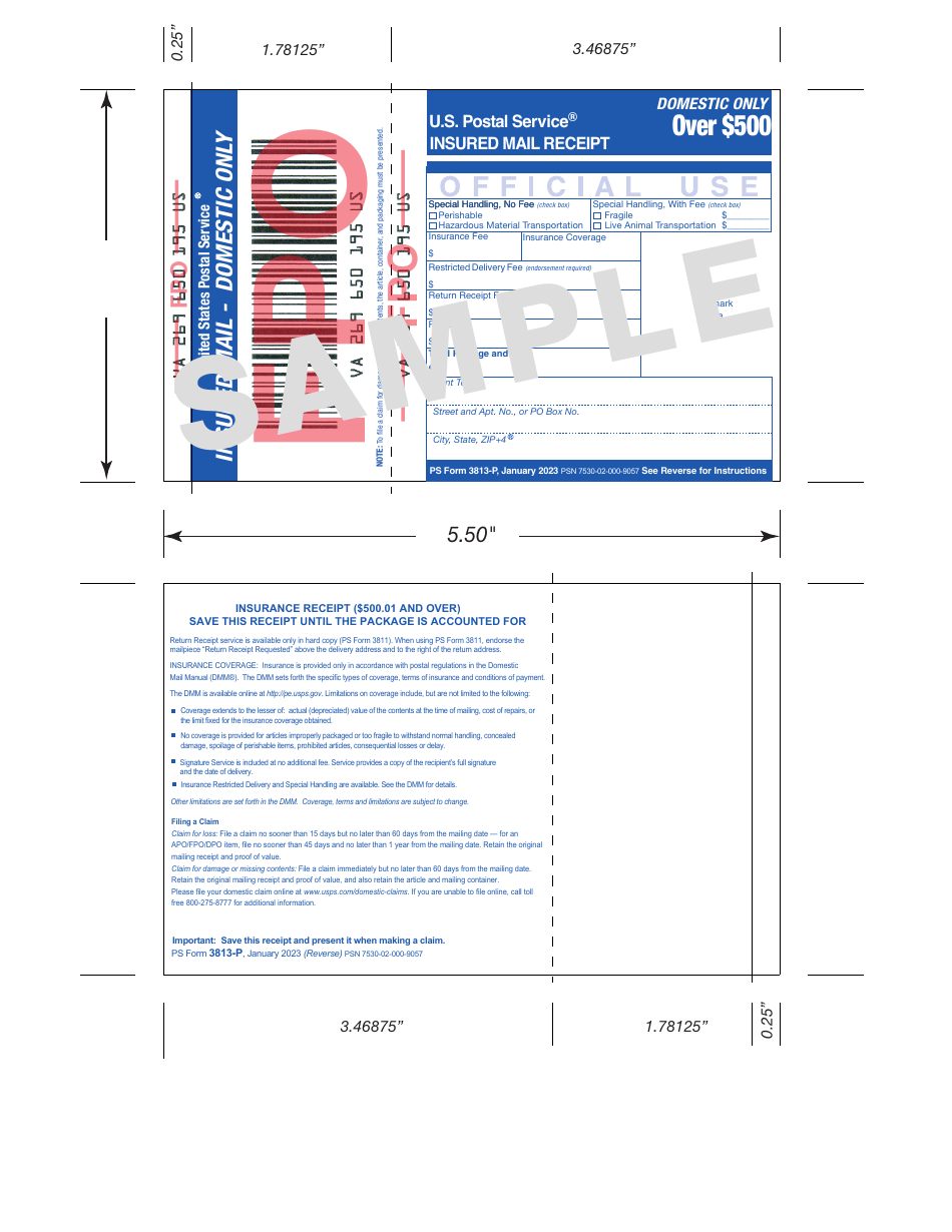 PS Form 3813-P Insured Mail Receipt - Domestic Only - Over $500 - Sample, Page 1
