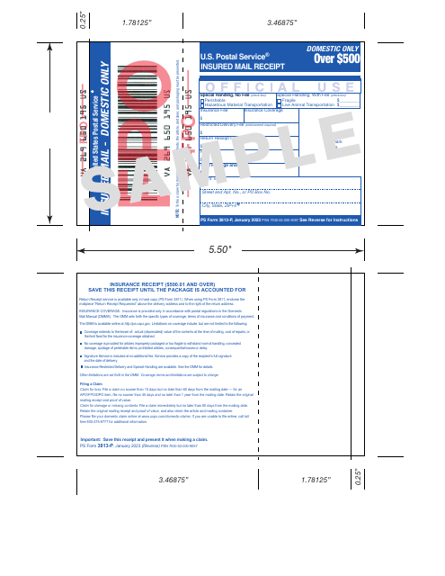 PS Form 3813-P Insured Mail Receipt - Domestic Only - Over $500 - Sample