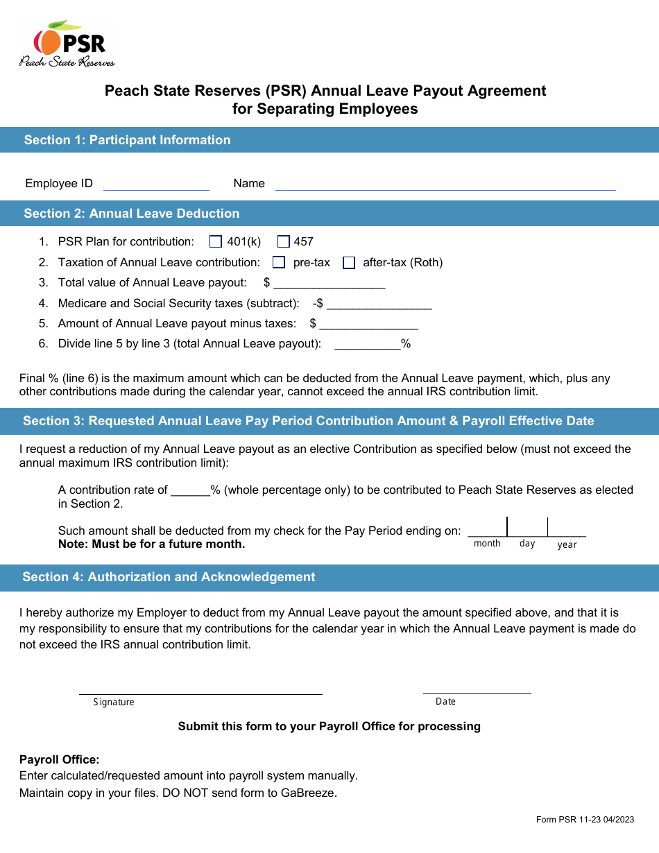 Form PSR11-23 Peach State Reserves (Psr) Annual Leave Payout Agreement for Separating Employees - Georgia (United States), Page 2