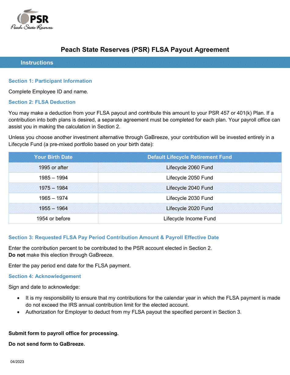 Form PSR11-23 Peach State Reserves (Psr) Flsa Payout Agreement - Georgia (United States), Page 1