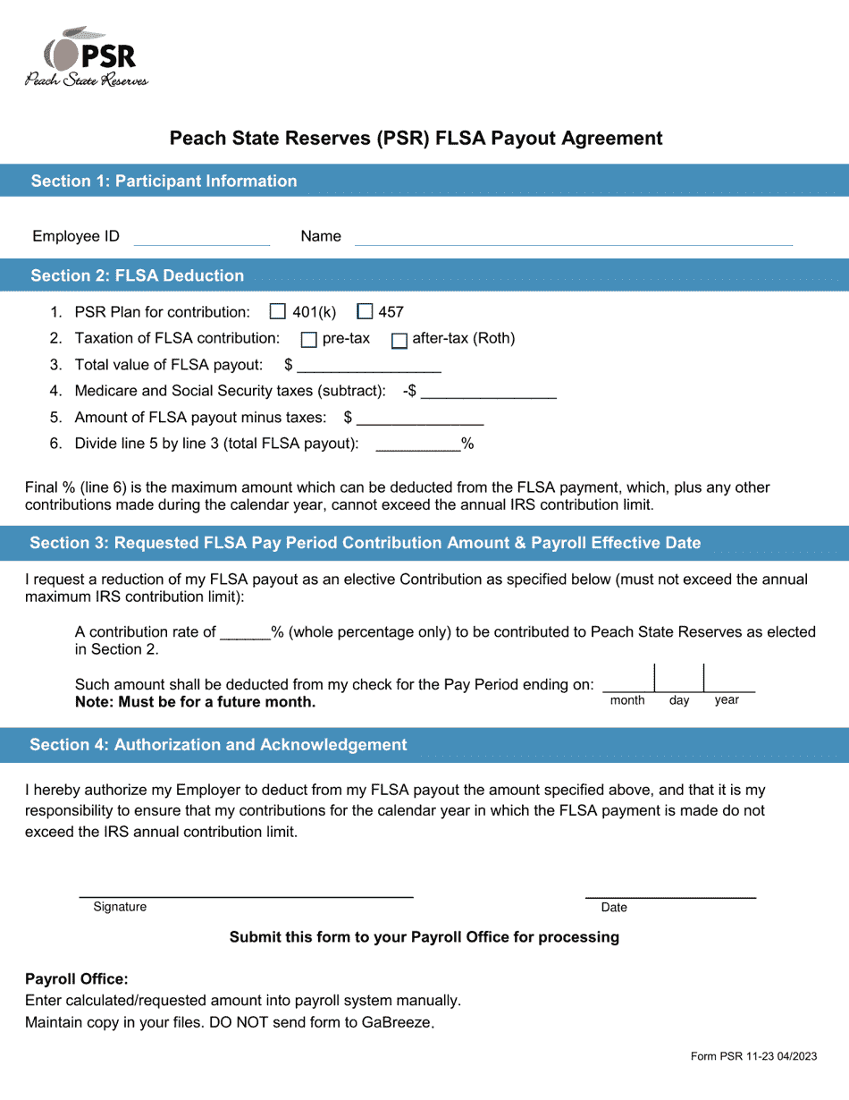 Form PSR11-23 Peach State Reserves (Psr) Flsa Payout Agreement - Georgia (United States), Page 2