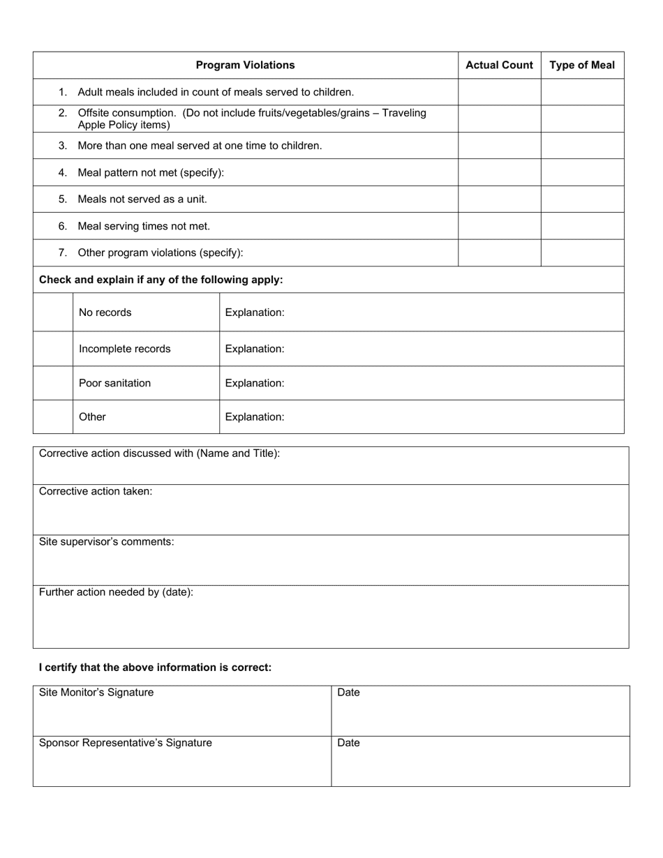 North Dakota Food Service Review Form - Summer Food Service Program ...