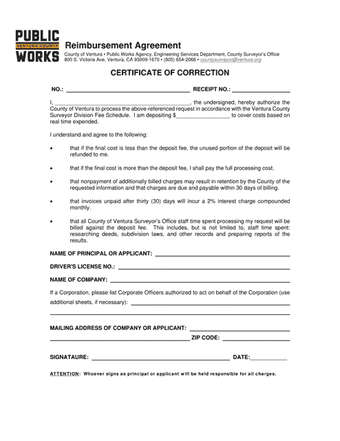 Certificate of Correction Reimbursement Agreement - County of Ventura, California Download Pdf