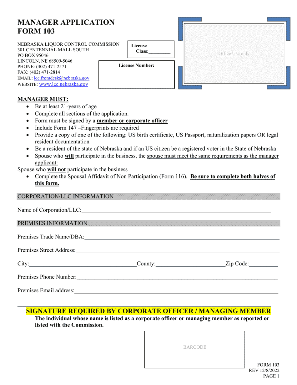 Form 103 Manager Application - Nebraska, Page 1