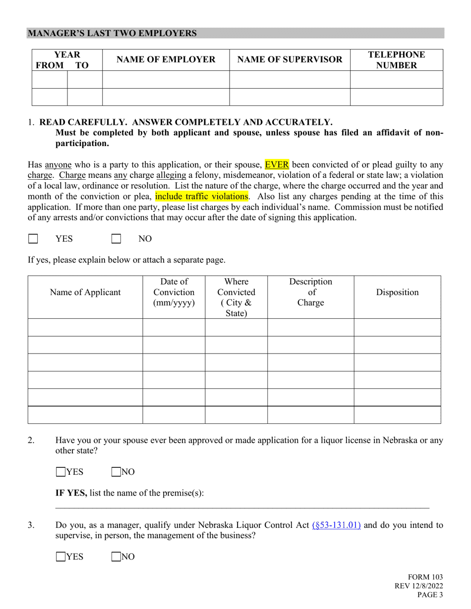 Form 103 Manager Application - Nebraska, Page 3