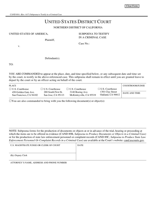 Form CAND89A Subpoena to Testify in a Criminal Case - California