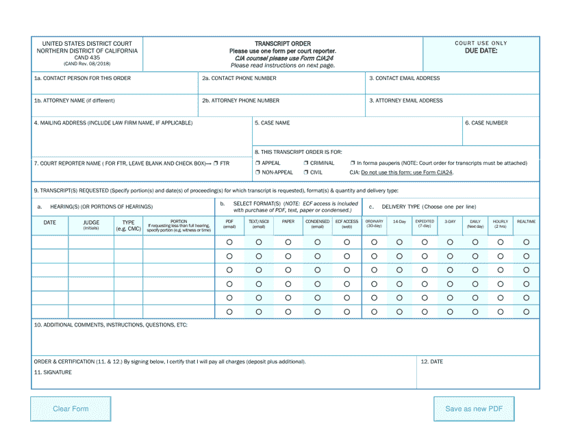 Form CAND435 Transcript Order - California