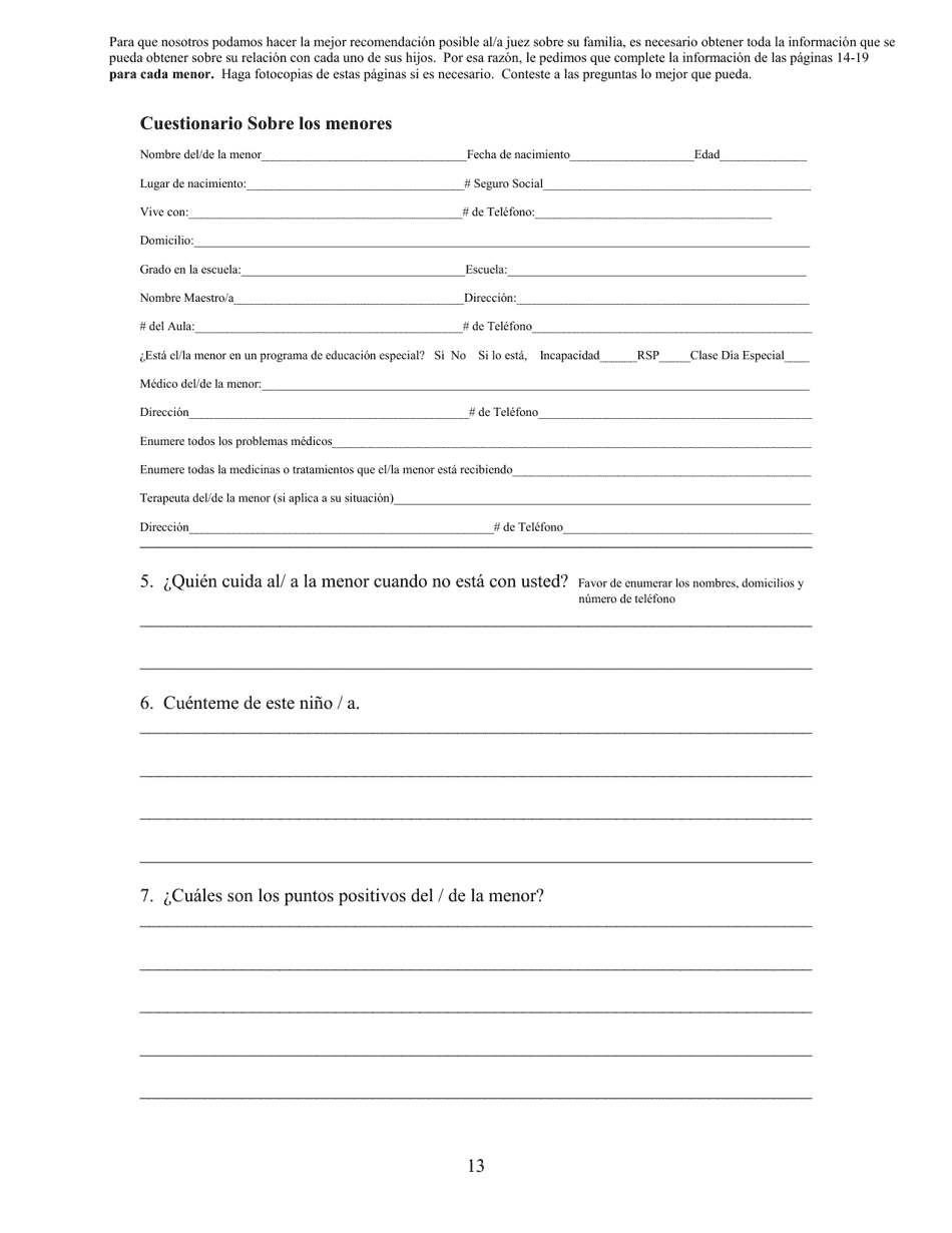 Cuestionario Sobre La Custodia De Menores - Kern County, California (Spanish), Page 13