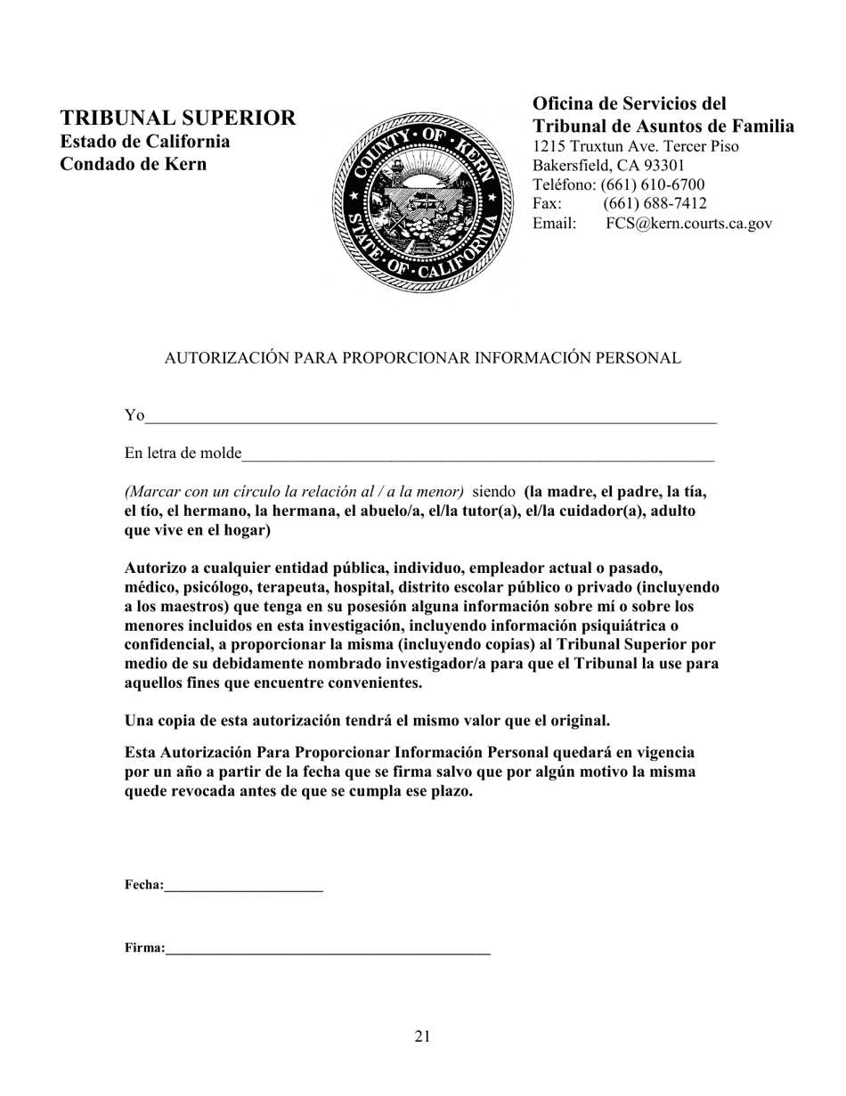 Cuestionario Sobre La Custodia De Menores - Kern County, California (Spanish), Page 21