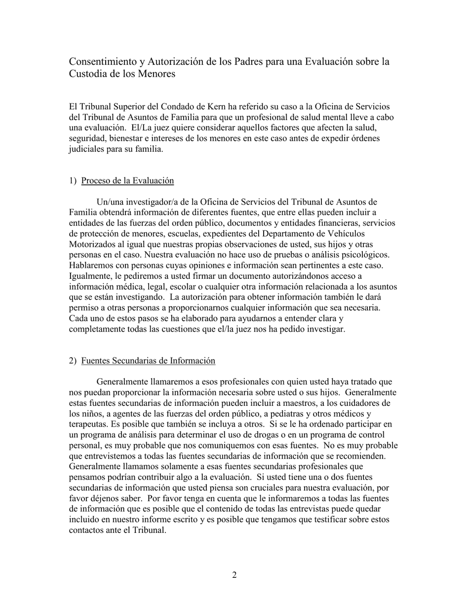 Cuestionario Sobre La Custodia De Menores - Kern County, California (Spanish), Page 2