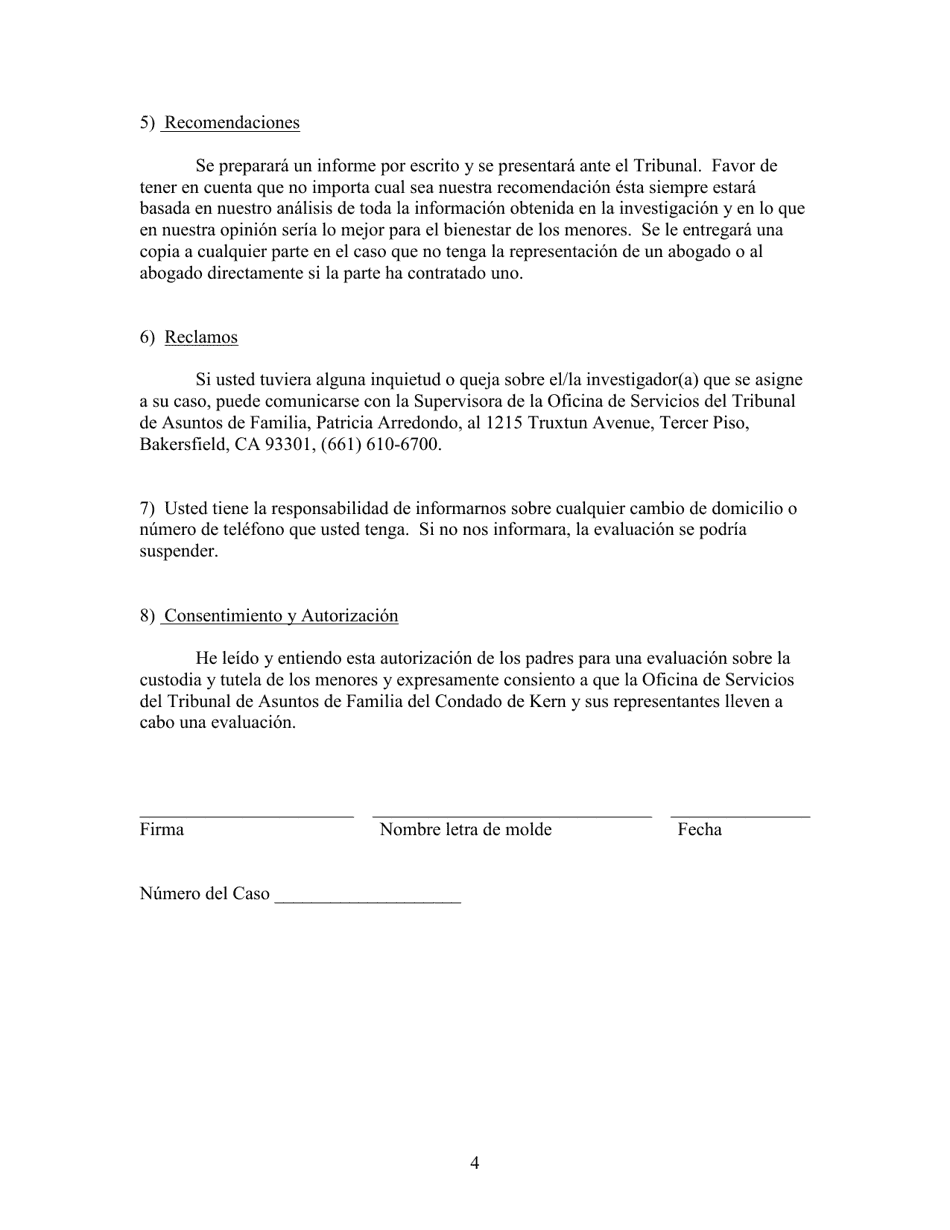 Cuestionario Sobre La Custodia De Menores - Kern County, California (Spanish), Page 4