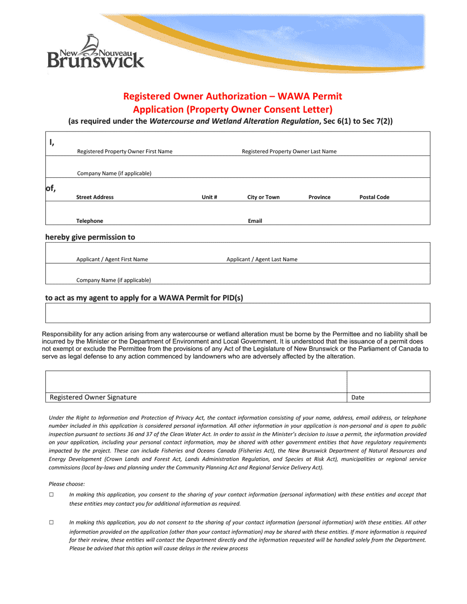Registered Owner Authorization - Wawa Permit Application (Property Owner Consent Letter) - New Brunswick, Canada, Page 1