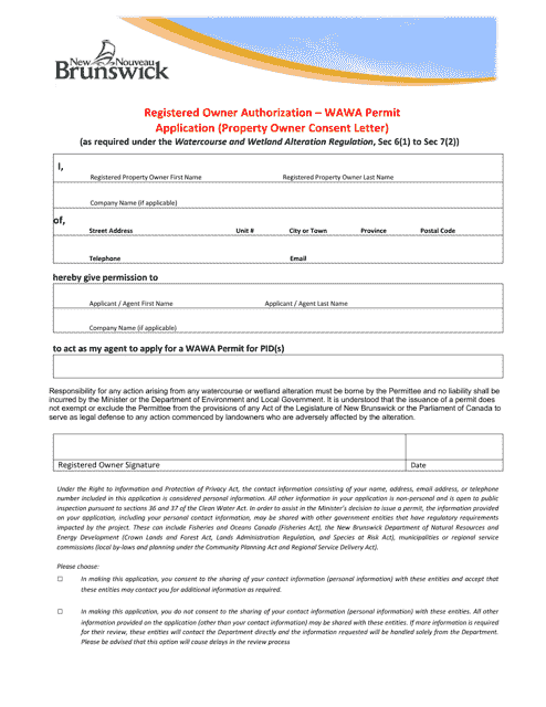 Registered Owner Authorization - Wawa Permit Application (Property Owner Consent Letter) - New Brunswick, Canada Download Pdf
