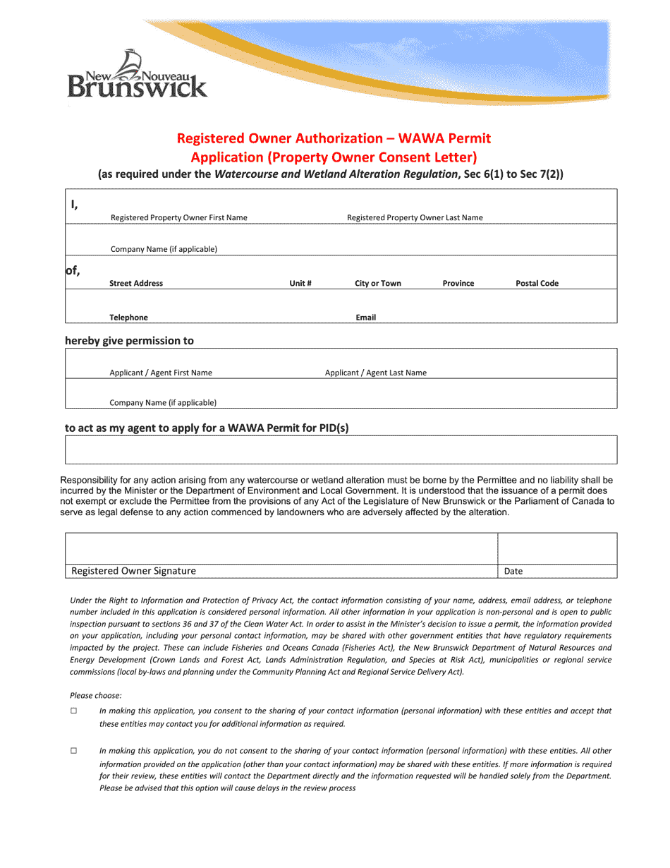 Owner Of Wawa New Brunswick Canada Registered Owner Authorization - Wawa Permit