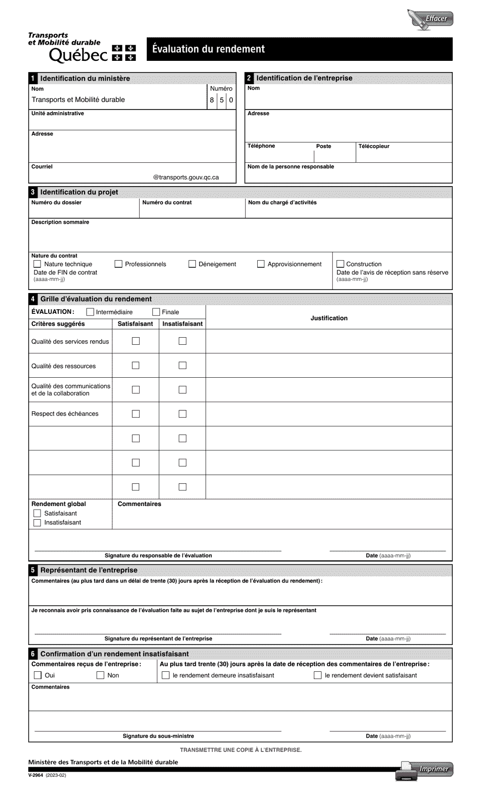 Forme V-2964 Evaluation Du Rendement - Quebec, Canada (French), Page 1