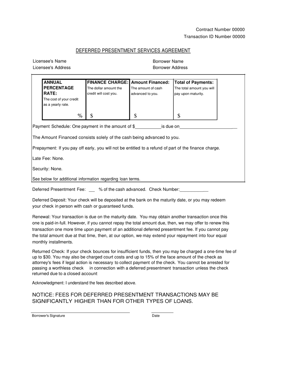Deferred Presentment Services Agreement - Alabama, Page 1