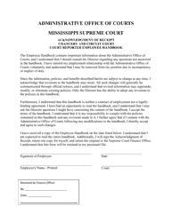 Document preview: Acknowledgment of Receipt Chancery and Circuit Court - Court Reporter Employee Handbook - Mississippi