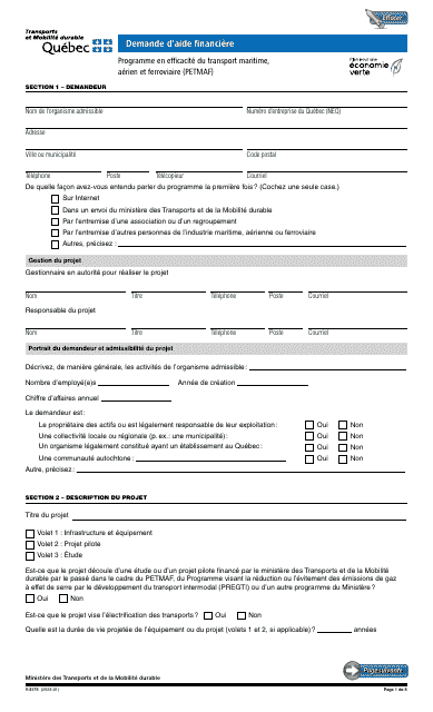 Forme V-3175 Demande D&#039;aide Financiere - Programme En Efficacite Du Transport Maritime, Aerien Et Ferroviaire (Petmaf) - Quebec, Canada (French)