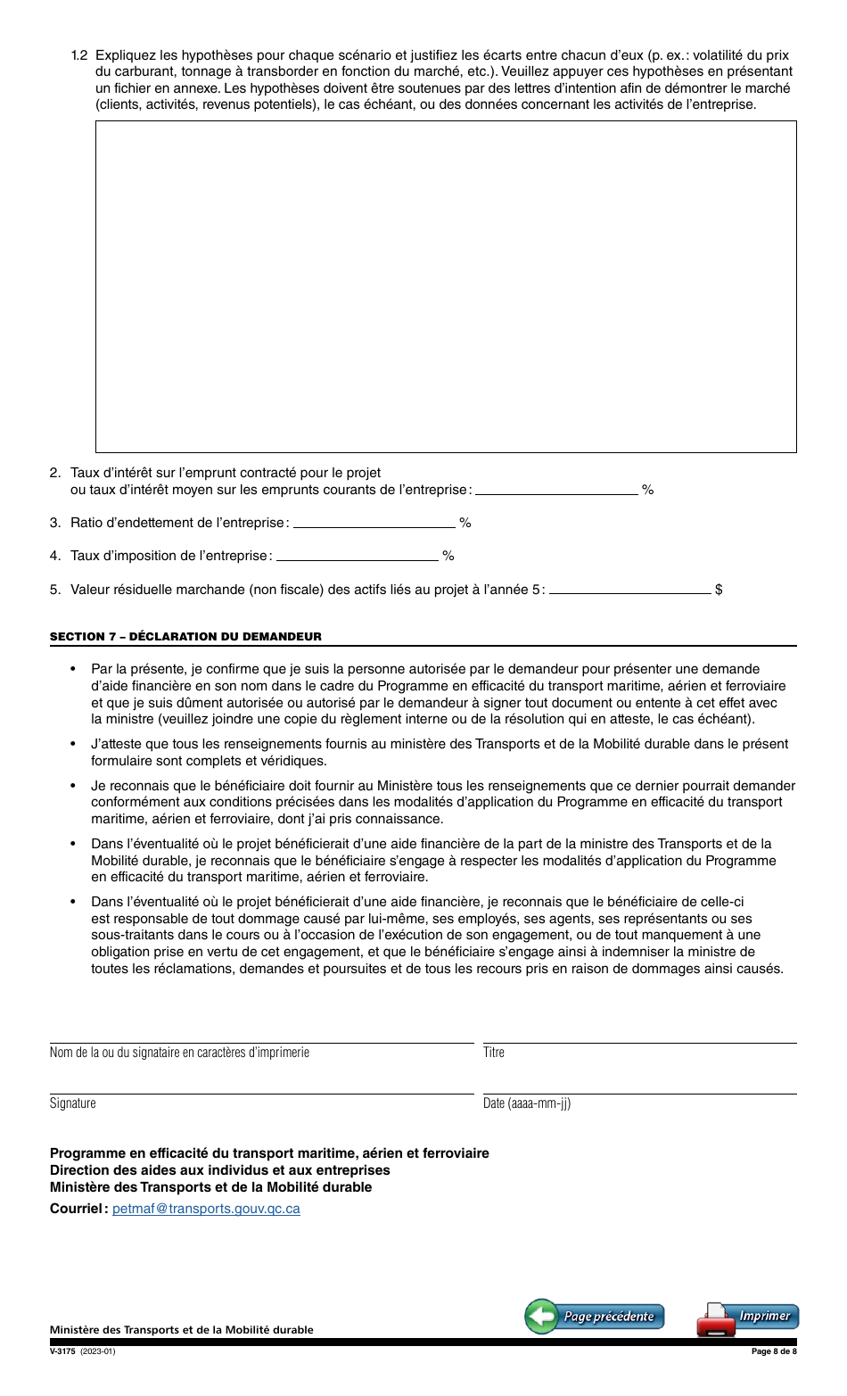 Forme V-3175 Demande Daide Financiere - Programme En Efficacite Du Transport Maritime, Aerien Et Ferroviaire (Petmaf) - Quebec, Canada (French), Page 8