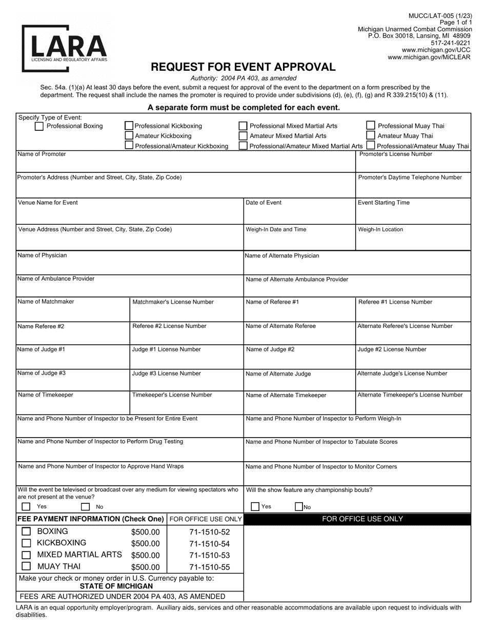 Form MUCC / LAT-005 Request for Event Approval - Michigan, Page 1