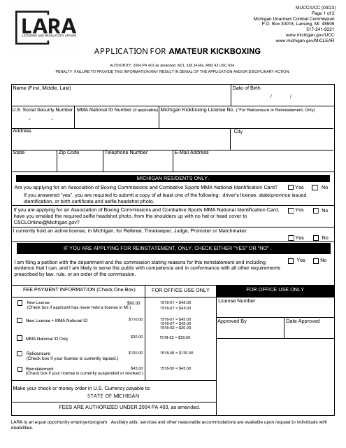 Application for Amateur Kickboxing - Michigan Download Pdf