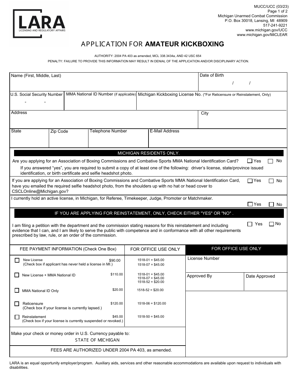 Application for Amateur Kickboxing - Michigan, Page 1