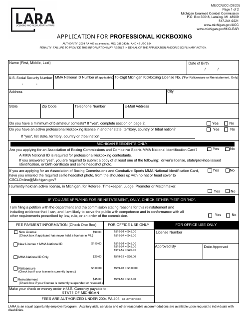 Application for Professional Kickboxing - Michigan Download Pdf