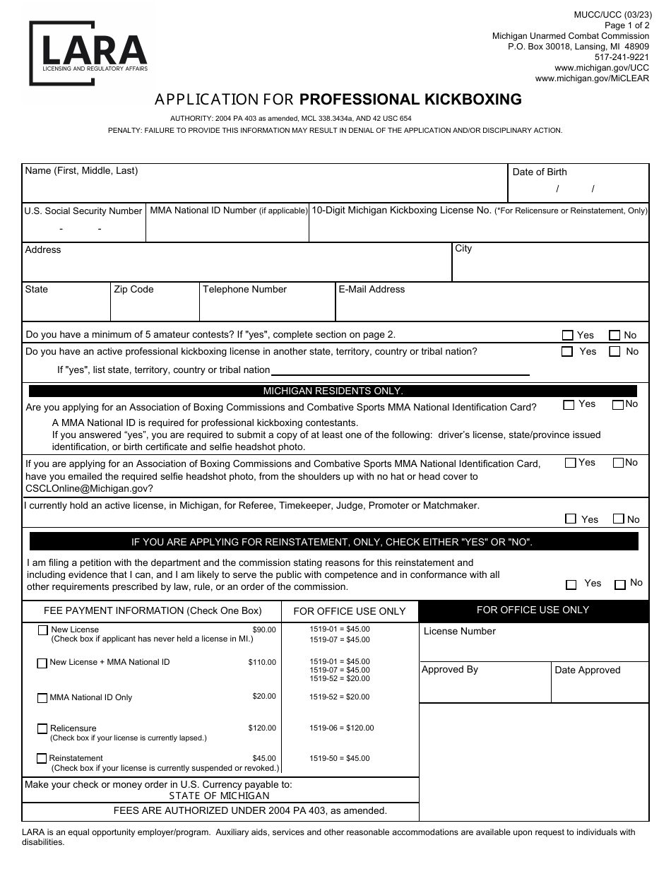 Application for Professional Kickboxing - Michigan, Page 1