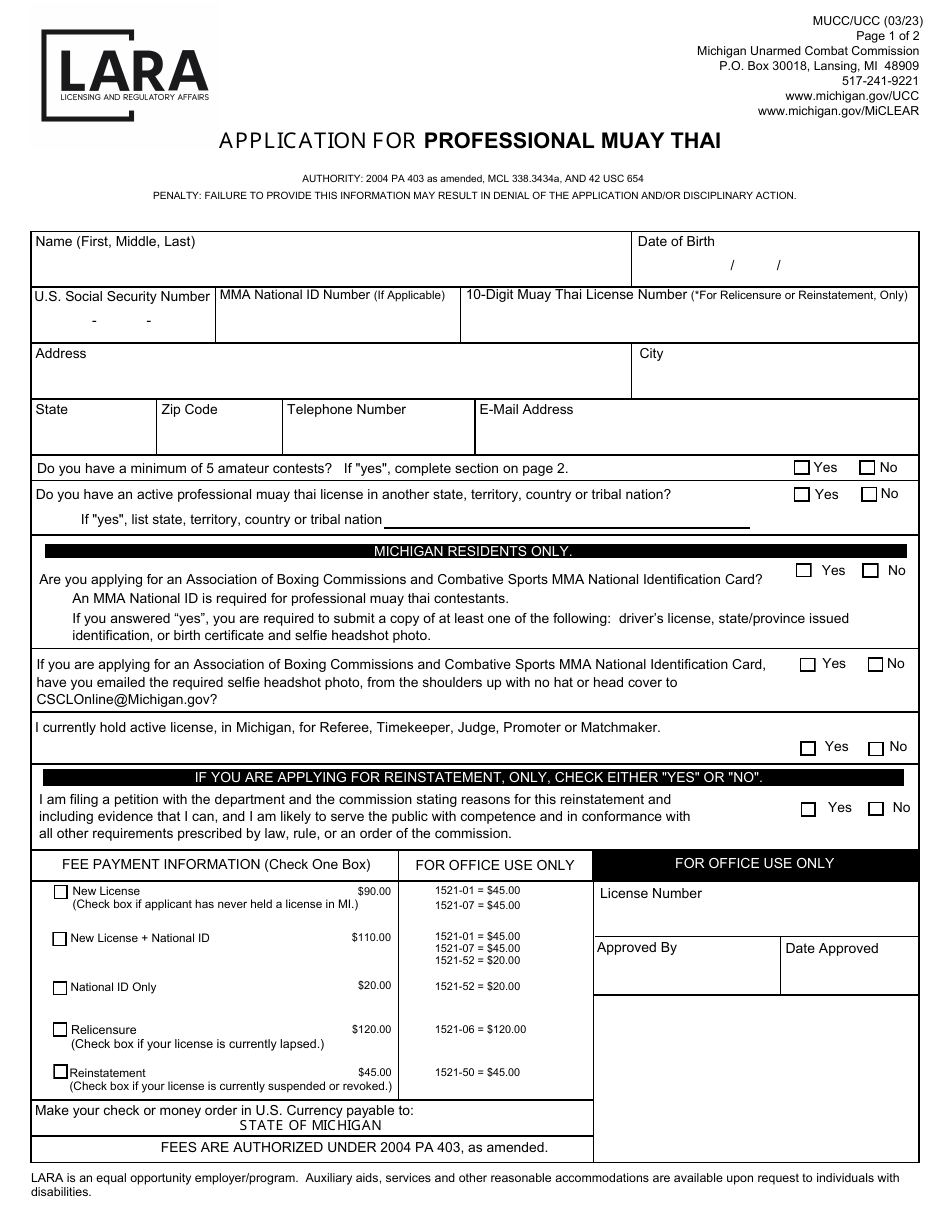 Application for Professional Muay Thai - Michigan, Page 1