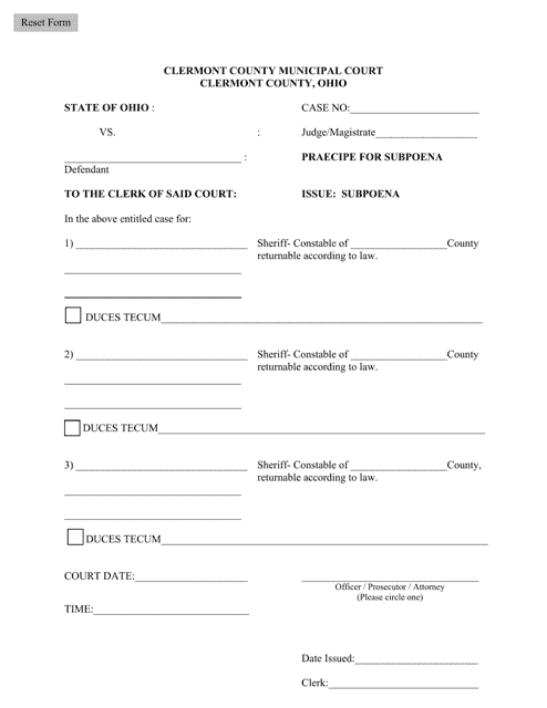Praecipe for Subpoena by Officer / Prosecutor / Attorney - Clermont County, Ohio Download Pdf