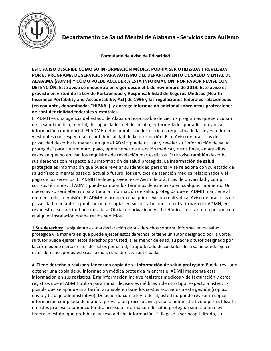 Formulario De Aviso De Privacidad - Alabama (Spanish), Page 1