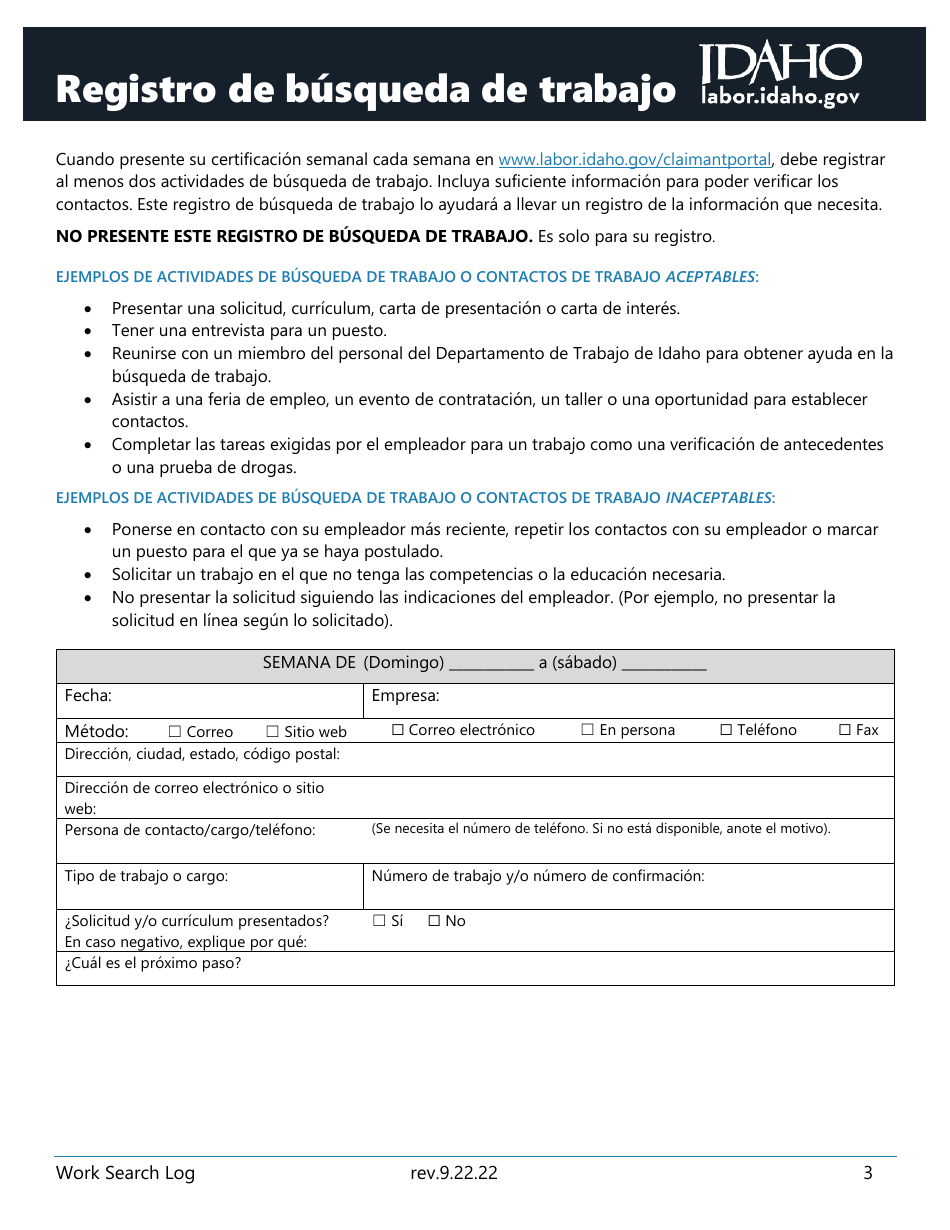 Form I-77-21 Work Search Log - Idaho (English / Spanish), Page 3