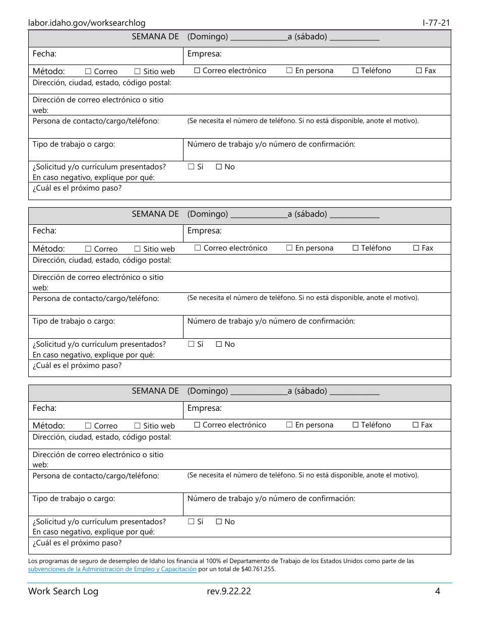 Form I-77-21 Work Search Log - Idaho (English / Spanish), Page 4