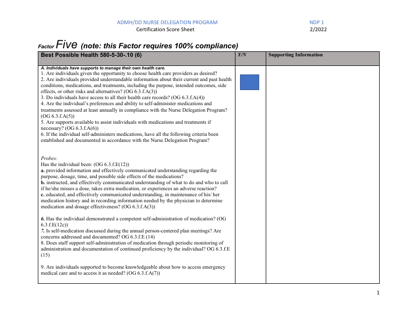 Form NDP1 Certification Score Sheet - Admh/DD Nurse Delegation Program - Alabama