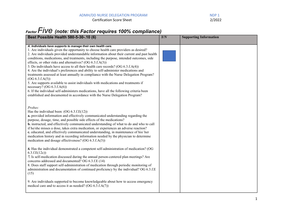 Form NDP1 Certification Score Sheet - Admh / DD Nurse Delegation Program - Alabama, Page 1