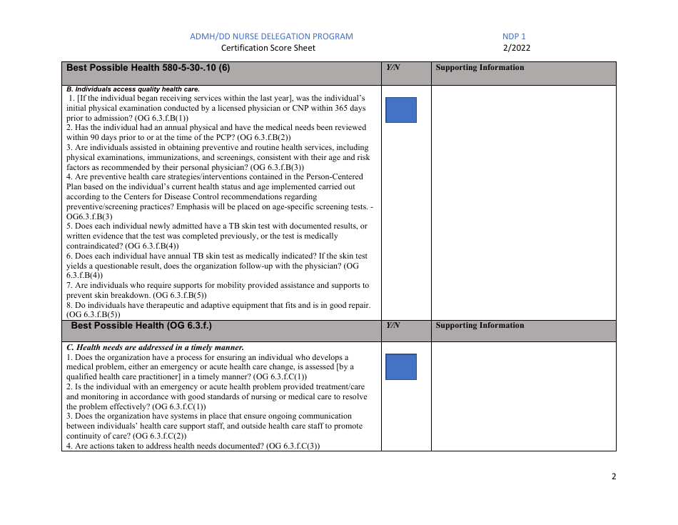 Form NDP1 Certification Score Sheet - Admh / DD Nurse Delegation Program - Alabama, Page 2