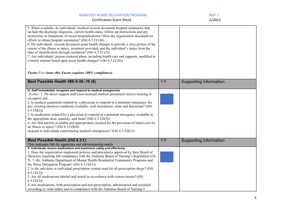 Form NDP1 Certification Score Sheet - Admh / DD Nurse Delegation Program - Alabama, Page 3