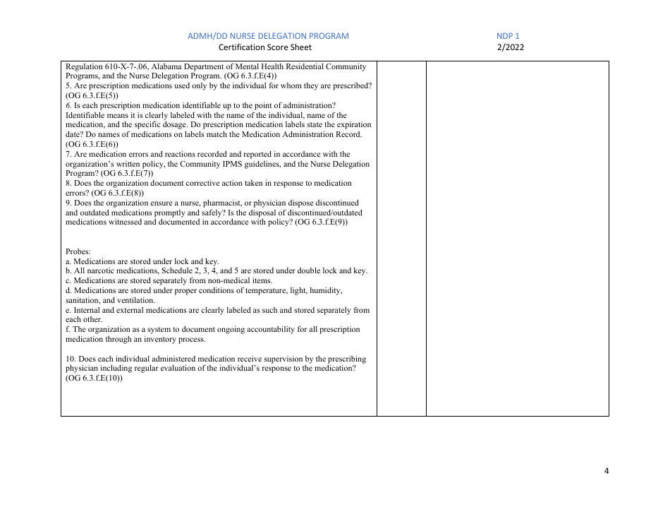 Form NDP1 Certification Score Sheet - Admh / DD Nurse Delegation Program - Alabama, Page 4