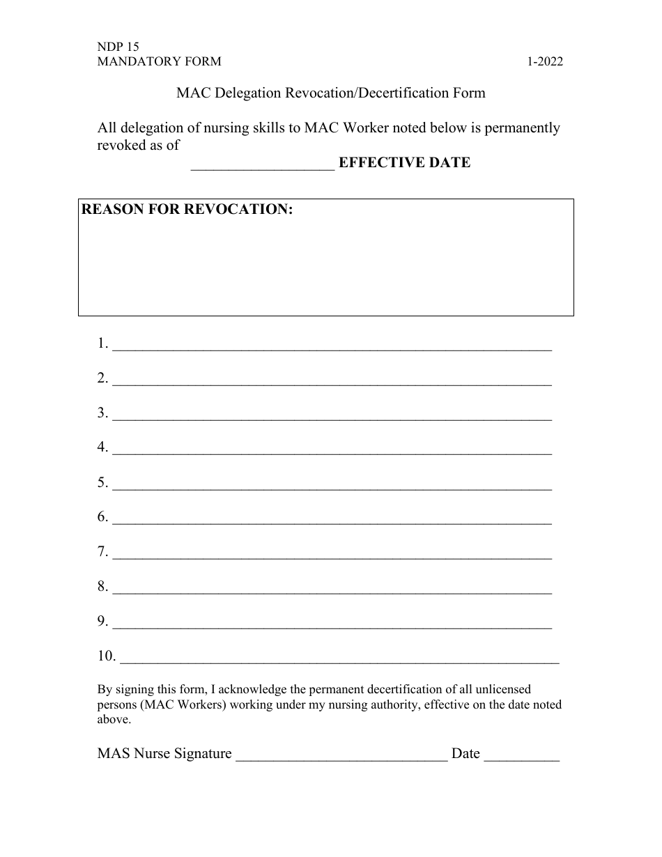 Form NDP15 Mac Delegation Revocation / Decertification Form - Alabama, Page 1