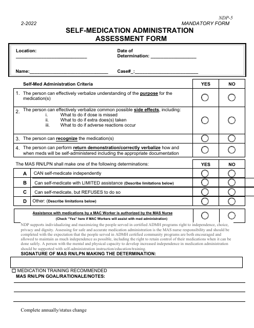 Form NDP-5 Self-medication Administration Assessment Form - Alabama