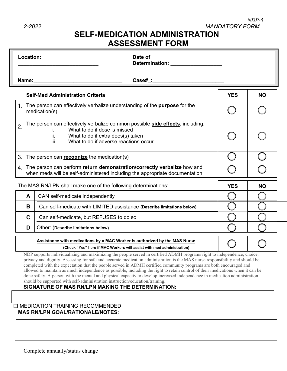 Form NDP-5 Self-medication Administration Assessment Form - Alabama, Page 1