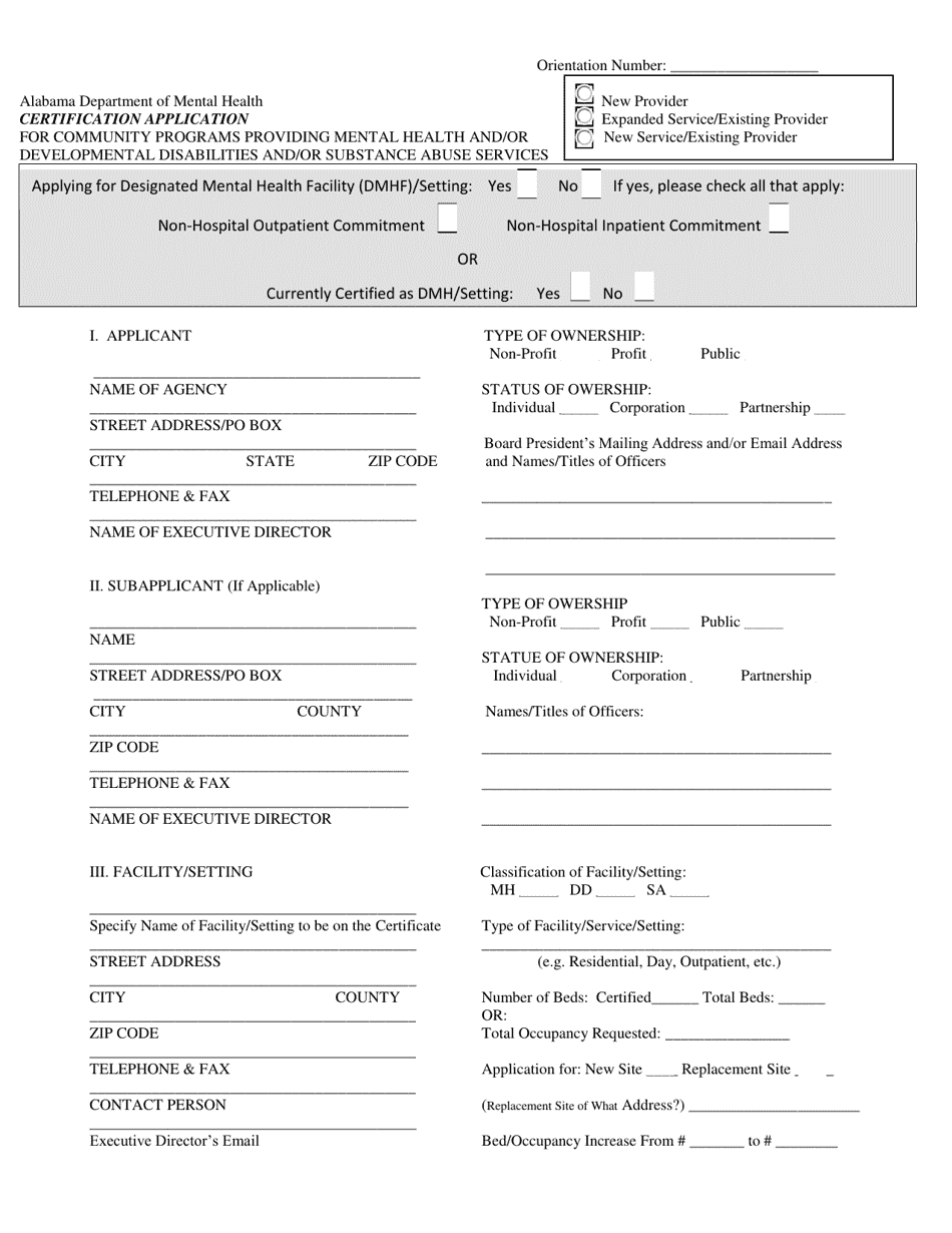 Certification Application for Community Programs Providing Mental Health and / or Developmental Disabilities and / or Substance Abuse Services - Alabama, Page 1