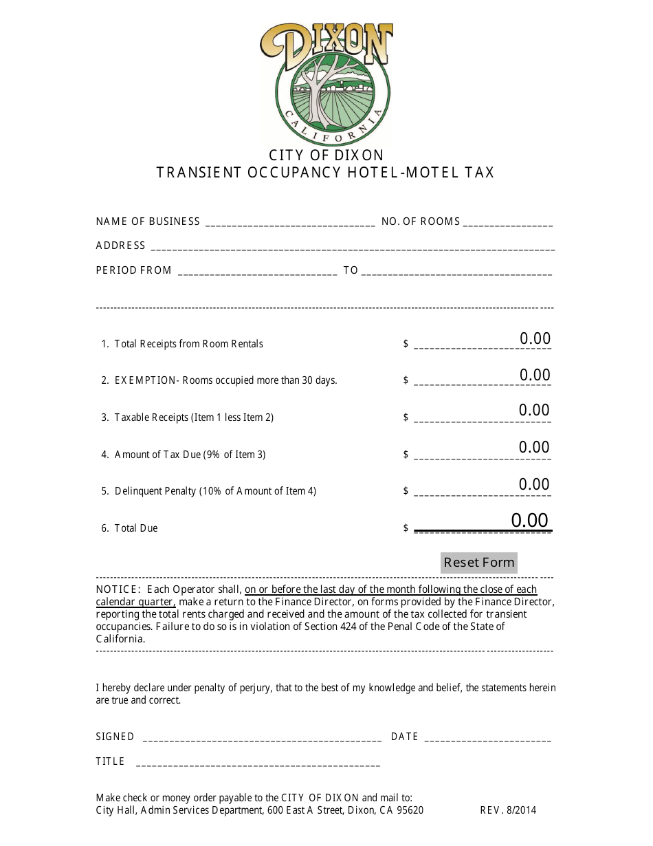 Transient Occupancy Hotel-Motel Tax Form - City of Dixon, California, Page 1