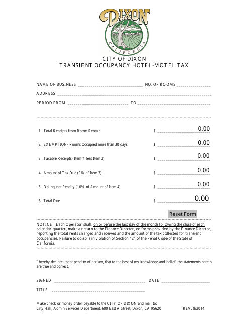 Transient Occupancy Hotel-Motel Tax Form - City of Dixon, California Download Pdf
