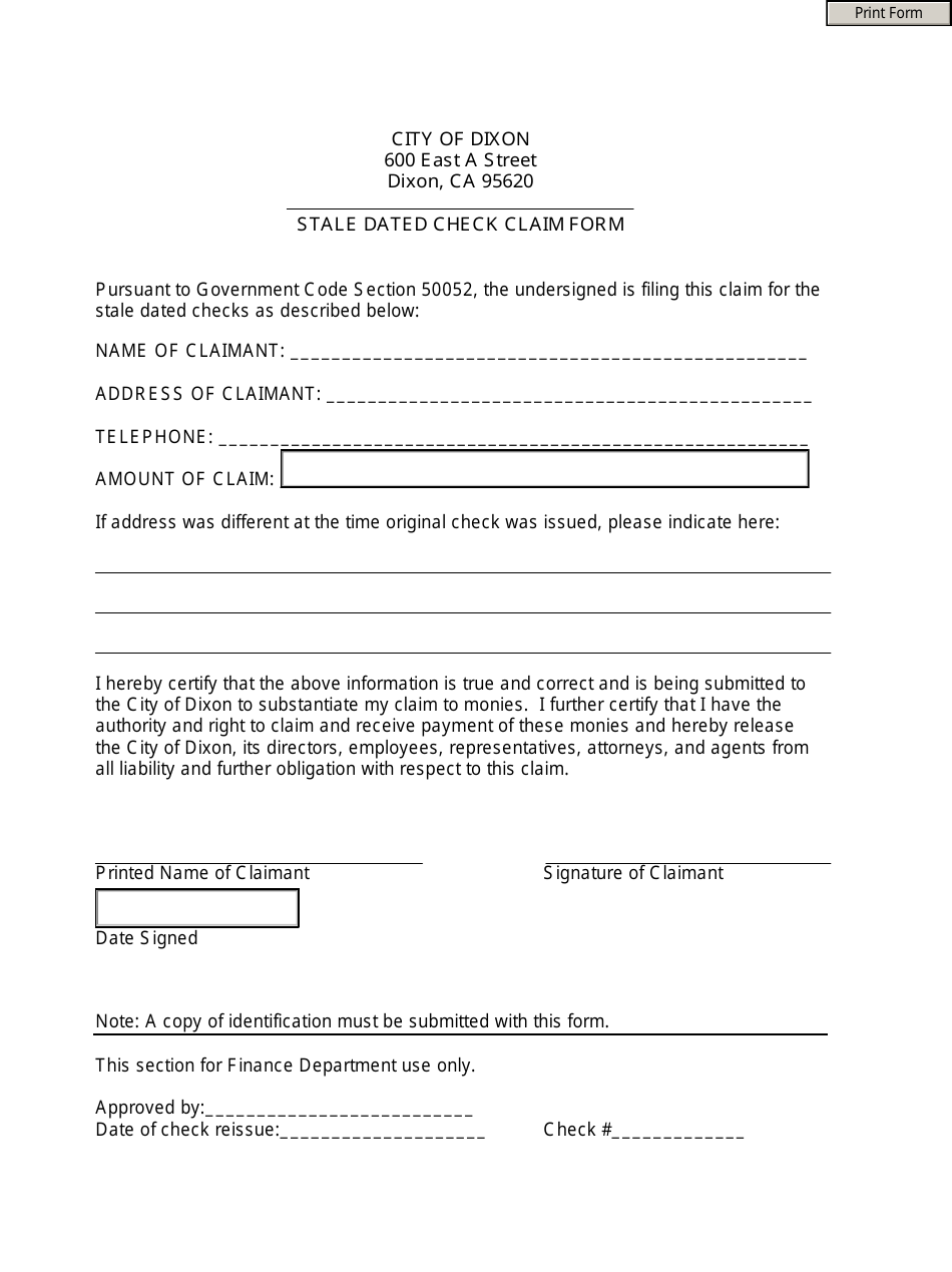 Stale Dated Check Claim Form - City of Dixon, California, Page 1