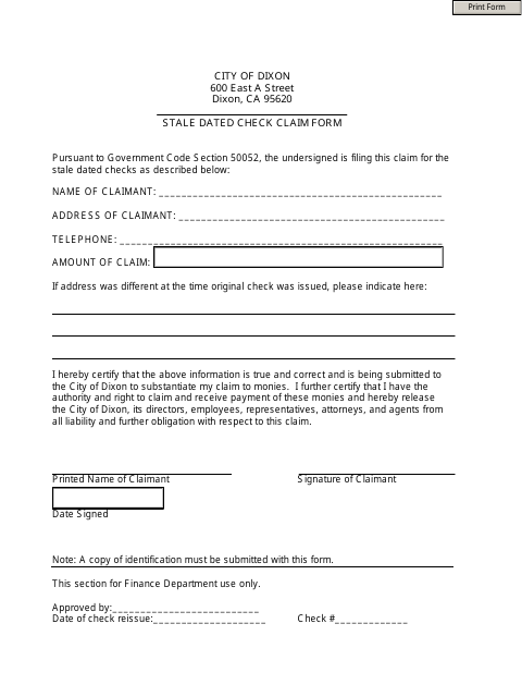 Stale Dated Check Claim Form - City of Dixon, California