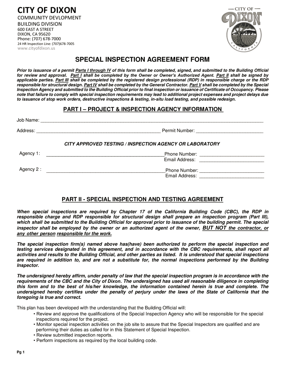 Special Inspection Agreement Form - City of Dixon, California, Page 1