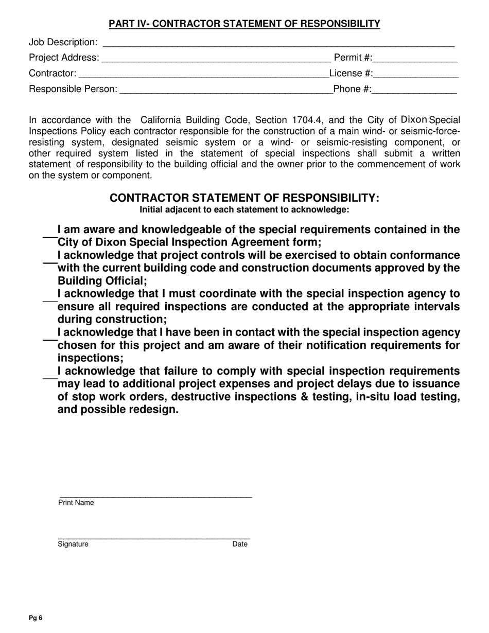 Special Inspection Agreement Form - City of Dixon, California, Page 6