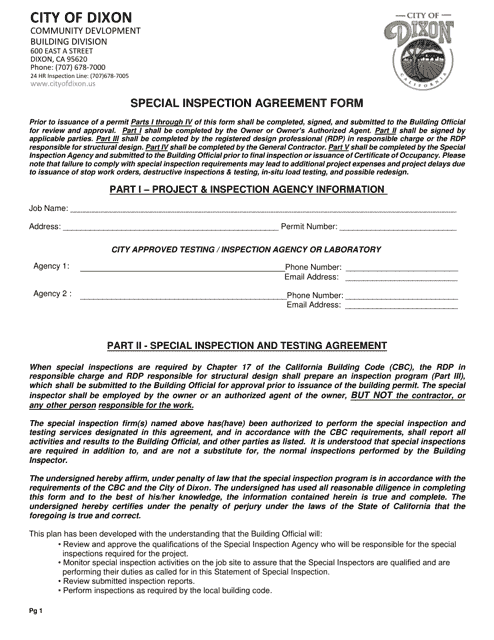 Special Inspection Agreement Form - City of Dixon, California Download Pdf